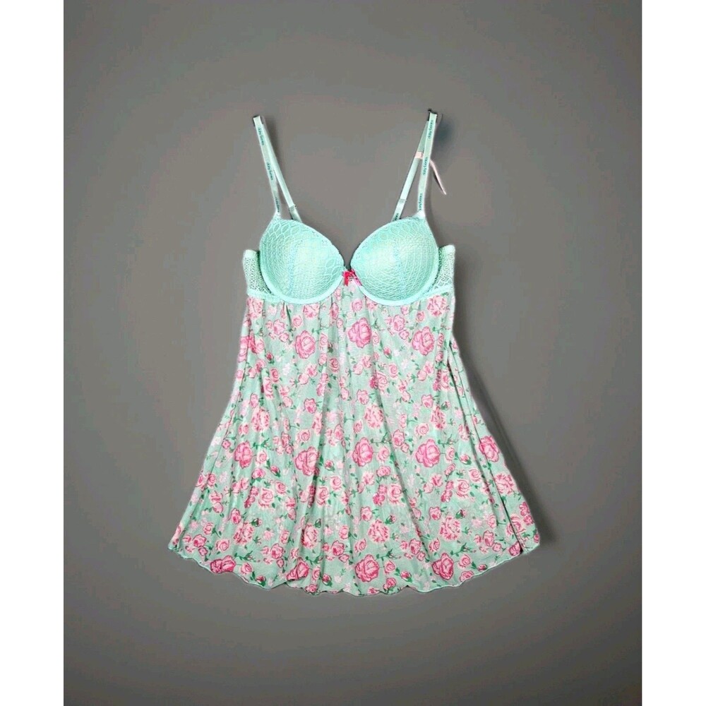 Daisy Fuentes Chemise Babydoll Top Size L Mint Pink Floral Mesh Lace Bow fairy